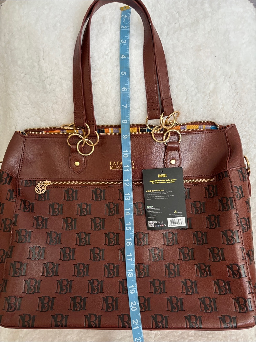 Badgley Mischka Chestnut Brown Logo Weekender/Travel Tote Bag with Gold Hardware - Picture 10 of 12
